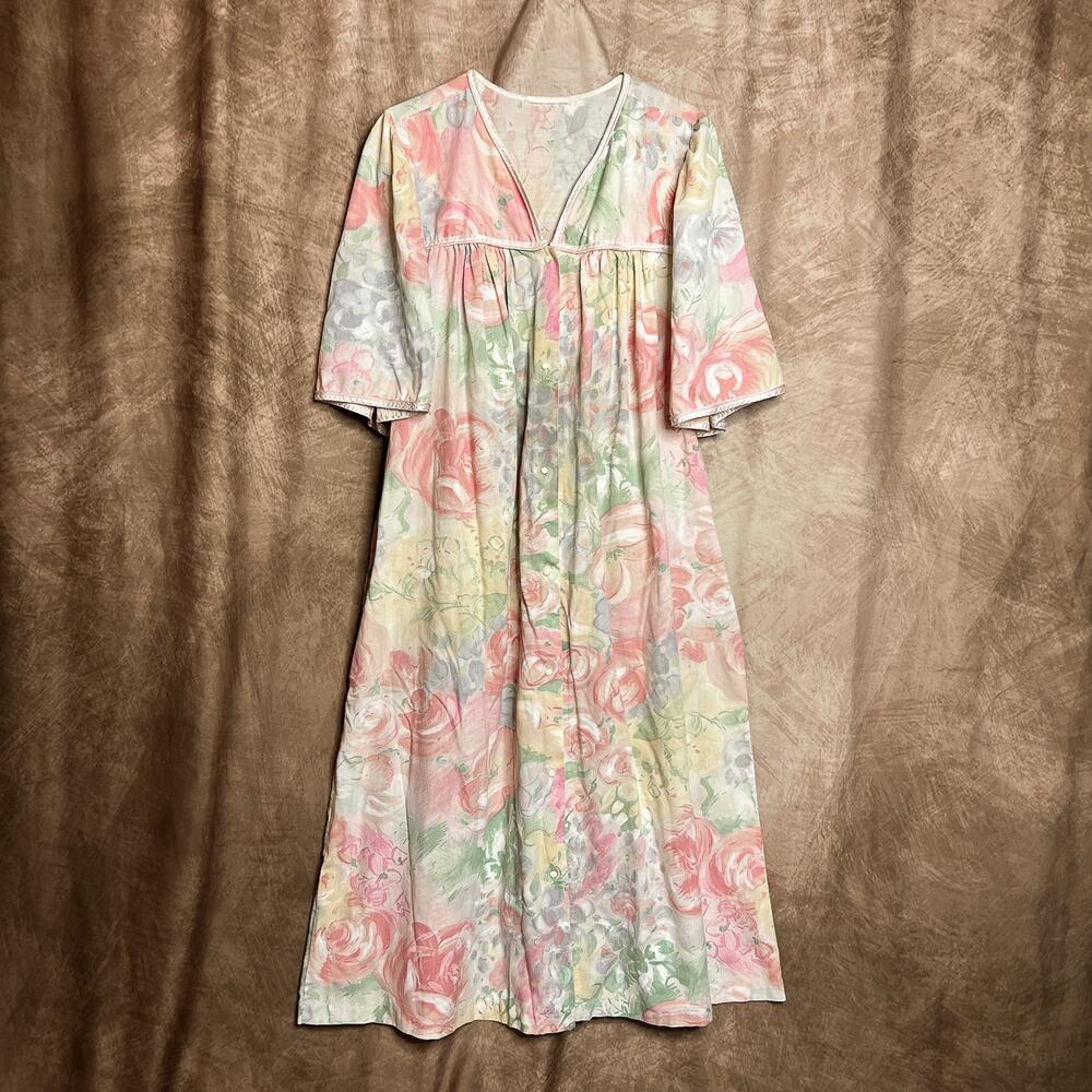 Vintage 60s Pastel Floral Housecoat Dress Multicolor Snap Closure Maxi Retro Mod